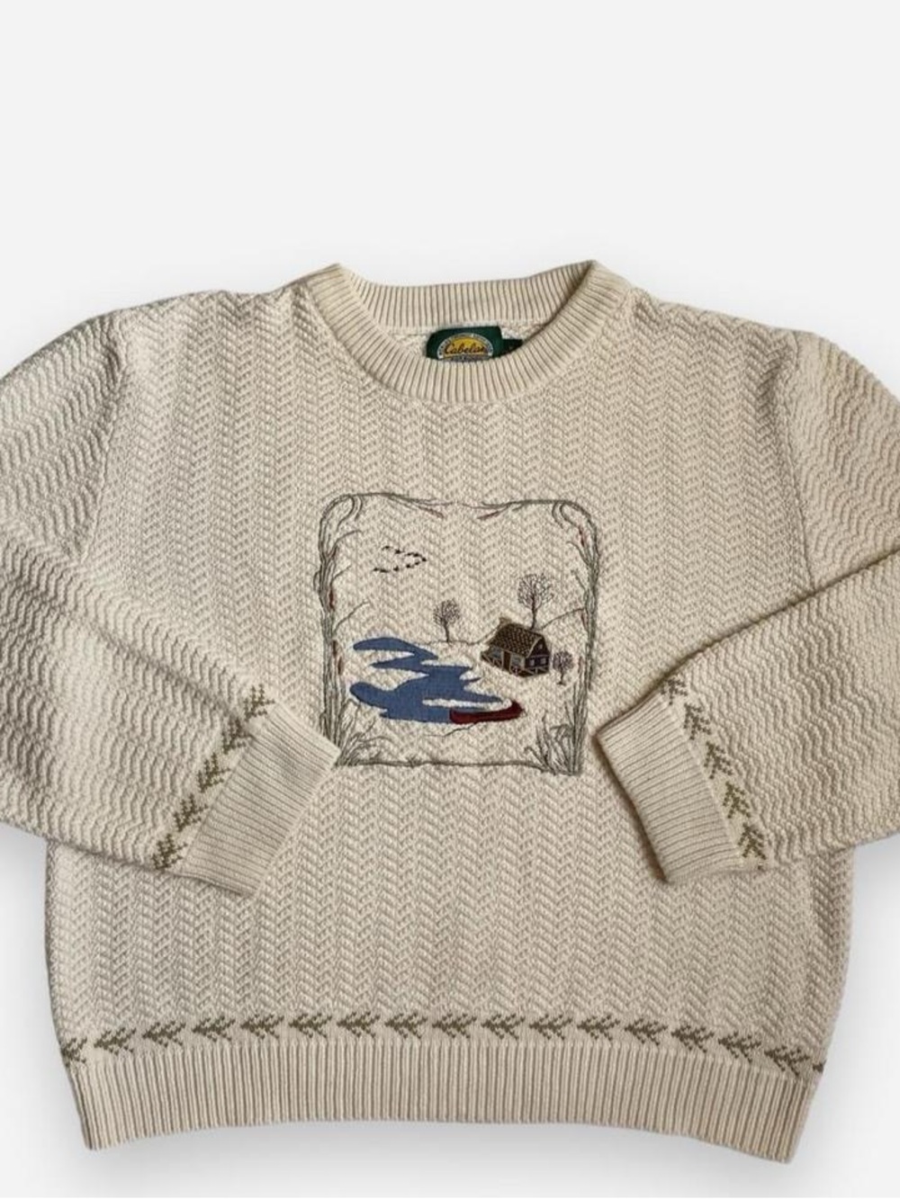 Vintage cream snowy cabin landscape sweater